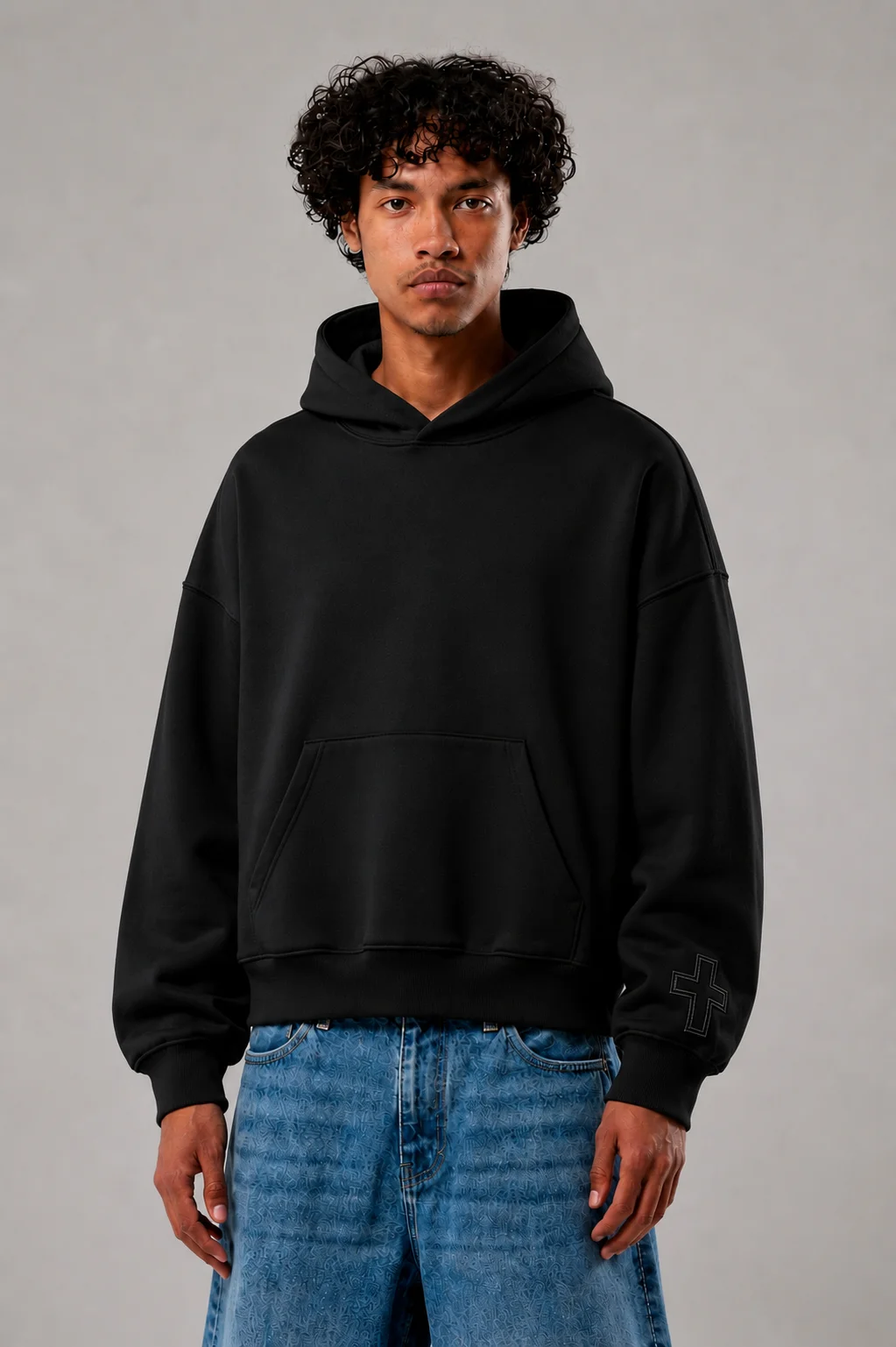 Cross-Sleeve Hoodie worn by model